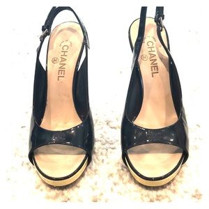 Chanel Navy & Cream peep toe sandals